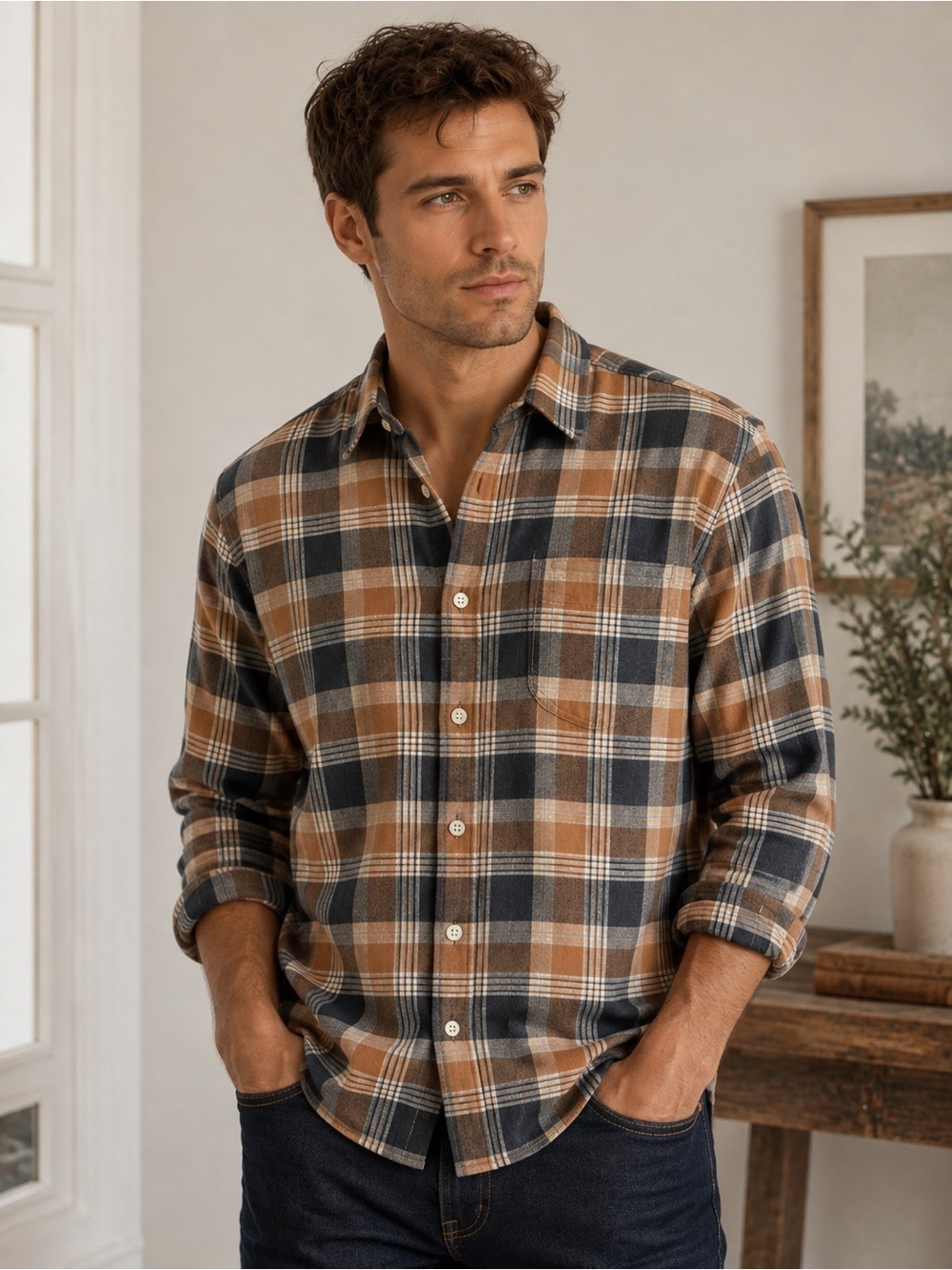 Gap Men Lived-In Wythe Plaid Flannel Shirt Cream Caramel Large